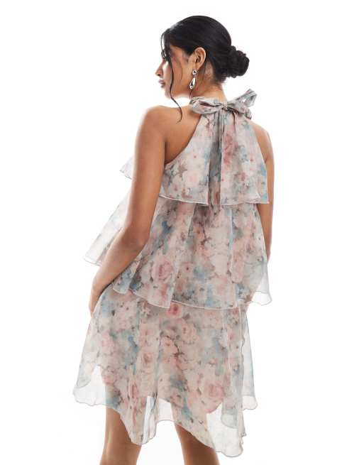 Vero Moda - Lagdelt minikjole med flæser og halterneck samt falmet blomsterprint, 2 af 4