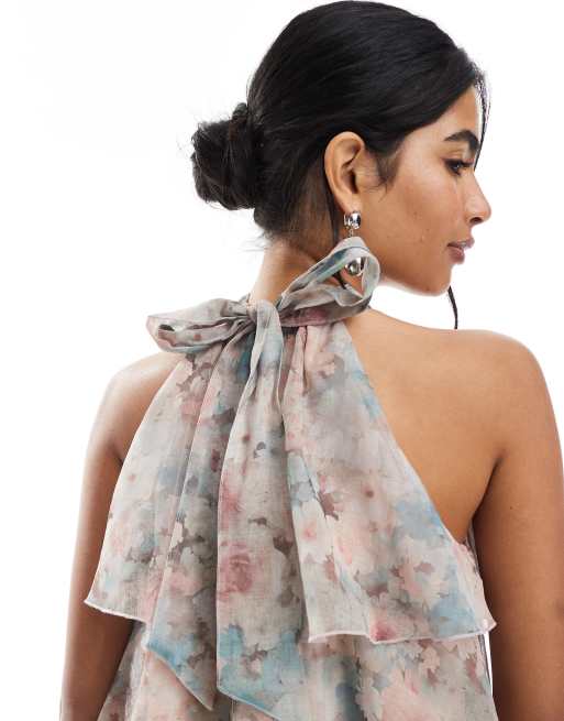 Vero Moda - Lagdelt minikjole med flæser og halterneck samt falmet blomsterprint, 3 af 4