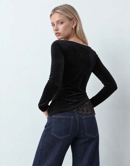 Vero Moda Langarm-Samttop mit U-Boot-Ausschnitt, asymmetrischem Schnitt und Spitzendetail in Schwarz, 9 von 10