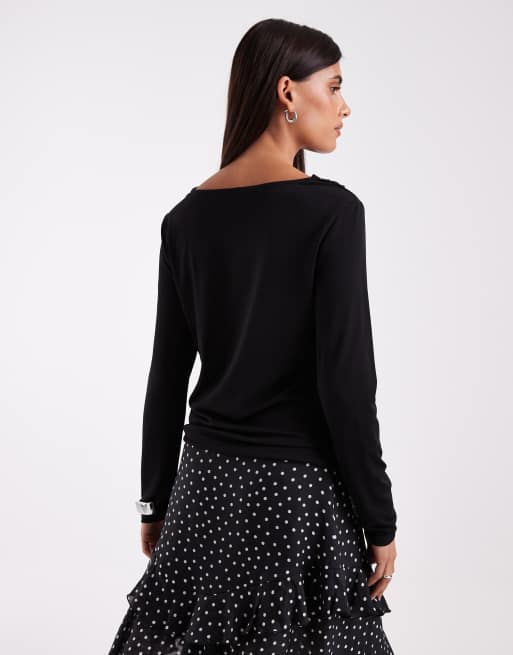 Vero Moda Langarm-Top mit Wasserfallausschnitt in Schwarz, 4 von 4