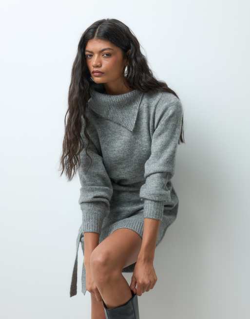 Vero Moda långärmad stickad miniklänning med sprund i halsen och knyt i midjan, grå, 5 av 5