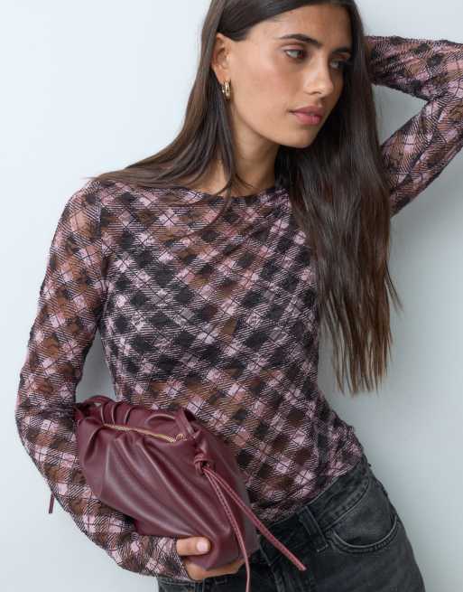 Vero Moda långärmad strukturerad topp med rund halsringning i rosa rutigt, 2 av 4