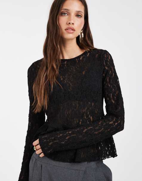 Vero Moda långärmad topp med struktur och peplum i svart - view 1