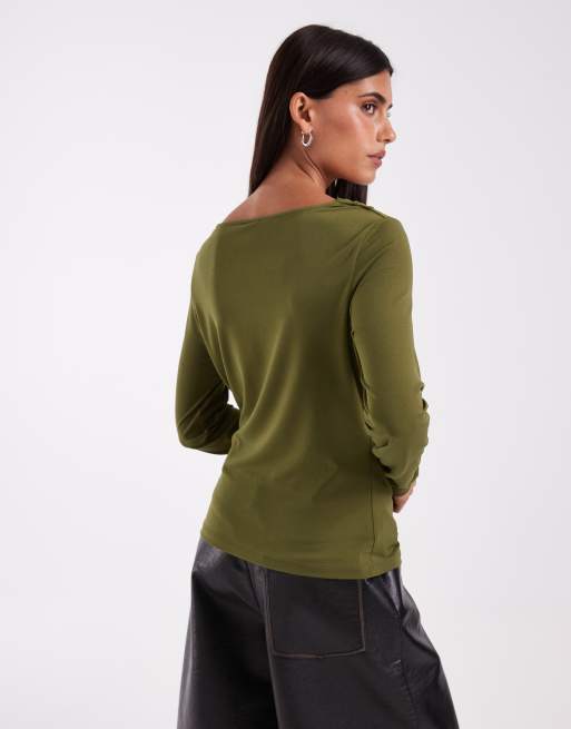 Vero Moda långärmad waterfall-topp i mossgrön, 4 av 4