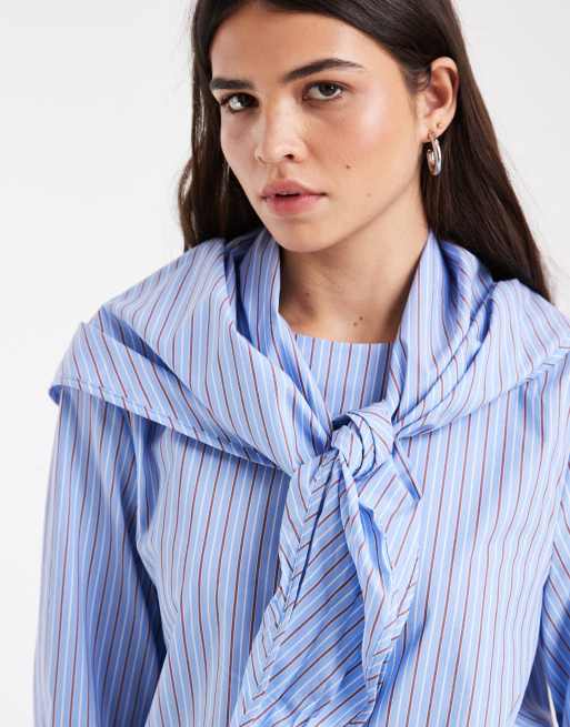 Vero Moda Langärmlige Bluse mit Schal-Detail in hellblauem Streifenmuster, 2 von 4