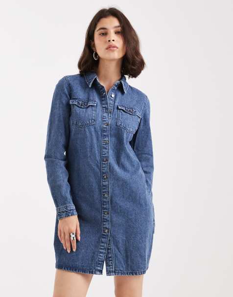 Vero Moda – Langärmliges Hemdkleid aus Denim in Mittelblau - view 1