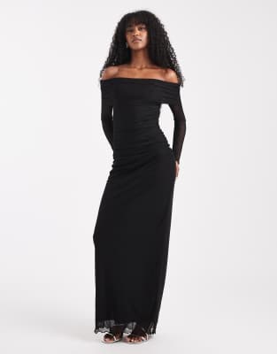 Vero Moda - Langärmliges Kleid aus Netzstoff in Schwarz mit Carmen-Ausschnitt
