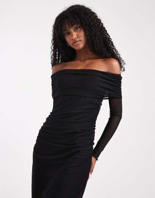 Vero Moda – Langärmliges Kleid aus Netzstoff in Schwarz mit Carmen