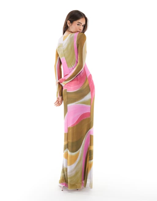 Vero Moda – Langärmliges Maxikleid aus Mesh mit mehrfarbigem, abstraktem Print, 3 von 4