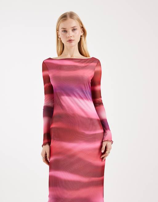 Vero Moda – Langärmliges Maxikleid aus Netzstoff mit abstraktem Muster in Rosa, 2 von 4