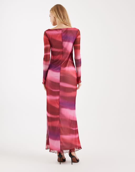 Vero Moda – Langärmliges Maxikleid aus Netzstoff mit abstraktem Muster in Rosa, 3 von 4