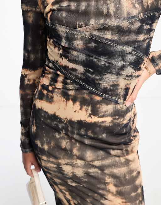 Vero Moda – Langärmliges, mehrfarbiges Bodycon-Midikleid aus Netzstoff mit abstraktem Muster, 2 von 4