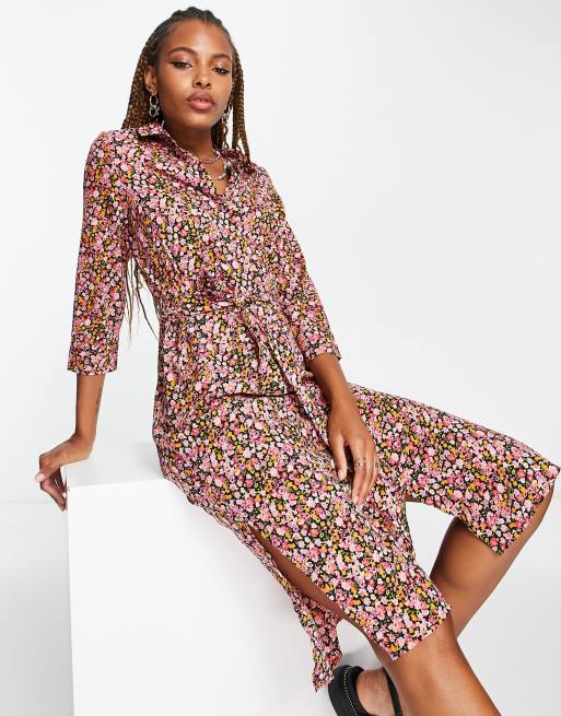 Vero Moda – Langärmliges Midi-Hemdblusenkleid mit Bindegürtel und Blümchenmuster