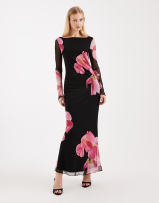 Vero Moda - Langärmliges Netzstoff-Maxikleid in Schwarz mit übergroßem Blumenmuster
