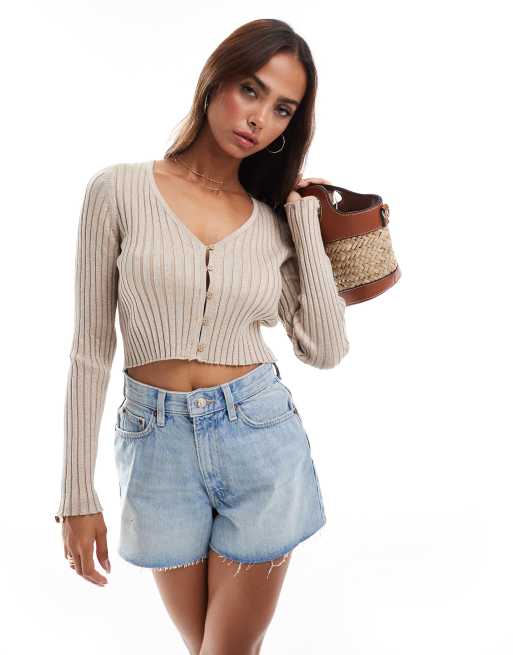 Vero Moda – Langärmliges Oberteil in Beige mit Knopfleiste und Glitzerpartikeln