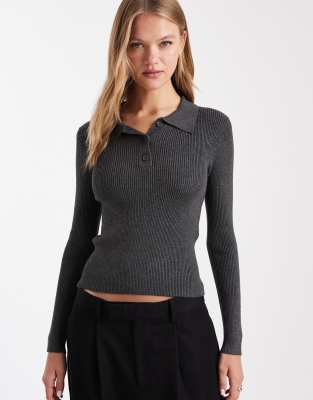 Vero Moda - Langärmliges Polohemd aus Strick in dunkelgrau meliert