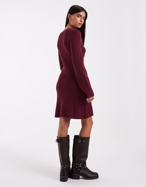 Vero Moda langärmliges Strick-Minikleid mit U-Boot-Ausschnitt in Burgunderrot, 4 von 4