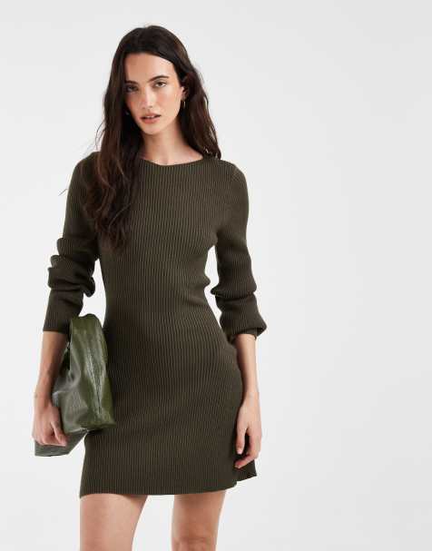 Vero Moda langärmliges Strick-Minikleid mit U-Boot-Ausschnitt in Dunkelgrün - view 1