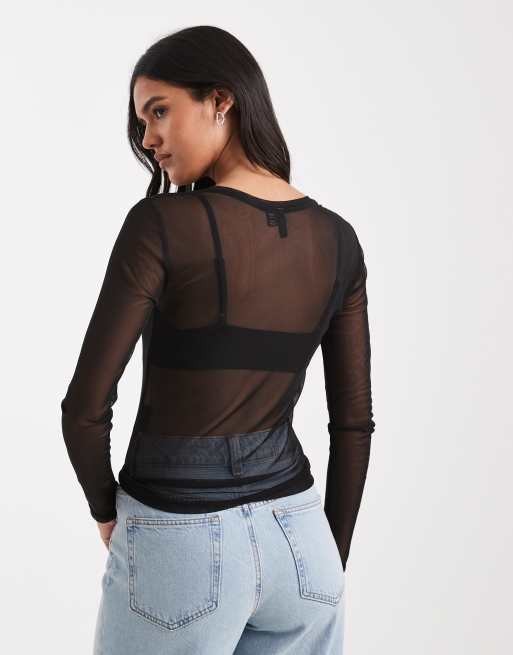 Vero Moda – Langärmliges, transparentes Netzstoffoberteil in Schwarz, 3 von 4