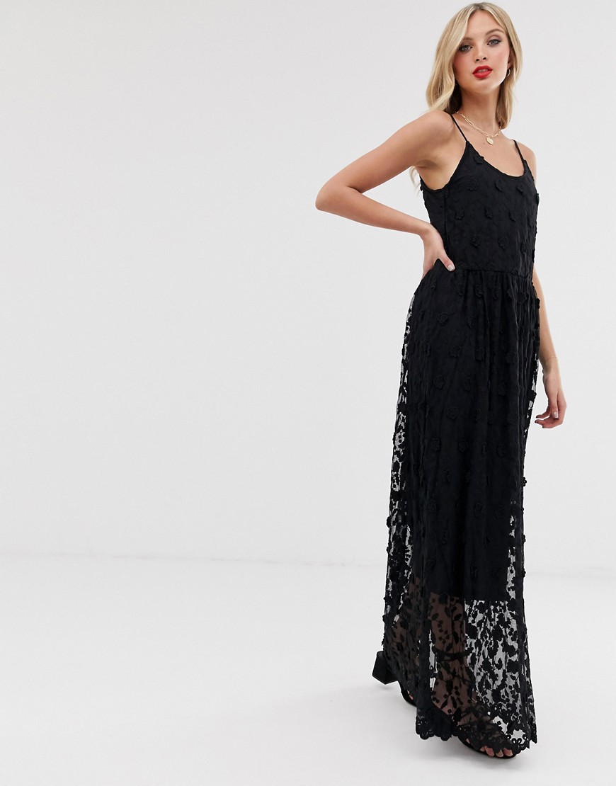 Vero Moda - Lange cami-jurk met textuur en borduursel-Zwart