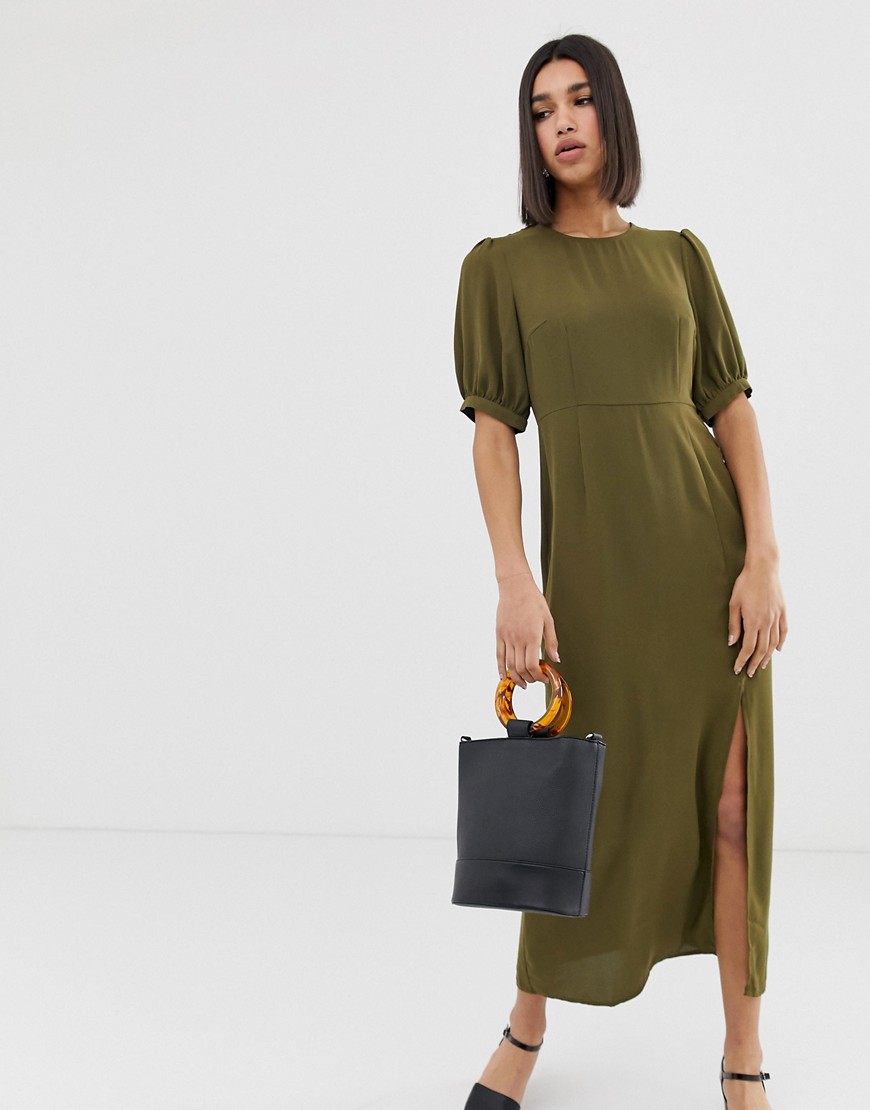 Vero Moda - Lange jurk met volumineuze mouwen en split-Groen