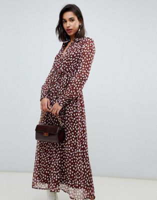 Vero Moda - Lange jurk van dobby met vlekkenprint in bruin-Multi