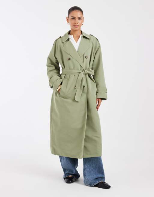 Vero Moda langer Trenchcoat mit Gürtel in Ölgrün, 4 von 4