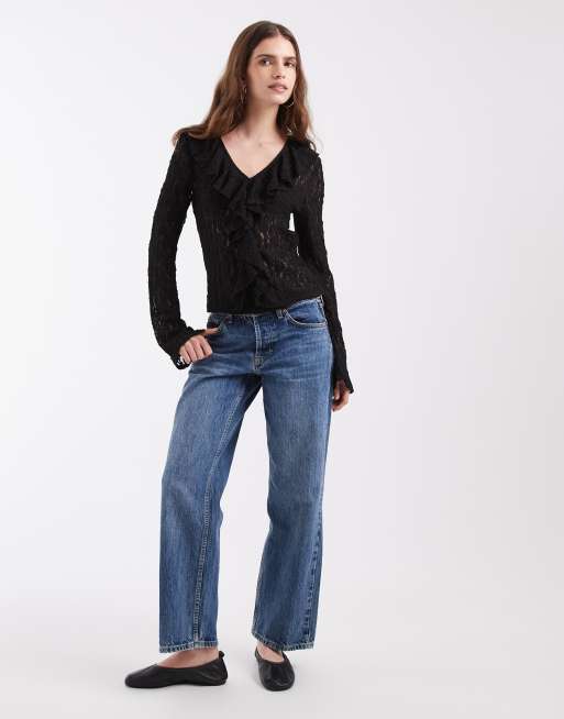 Vero Moda langærmet blondetop med flæsedetalje i sort, 2 af 4