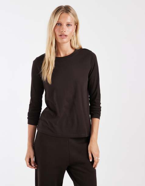 Vero Moda langærmet T-shirt i chokoladebrun med afslappet pasform - view 1
