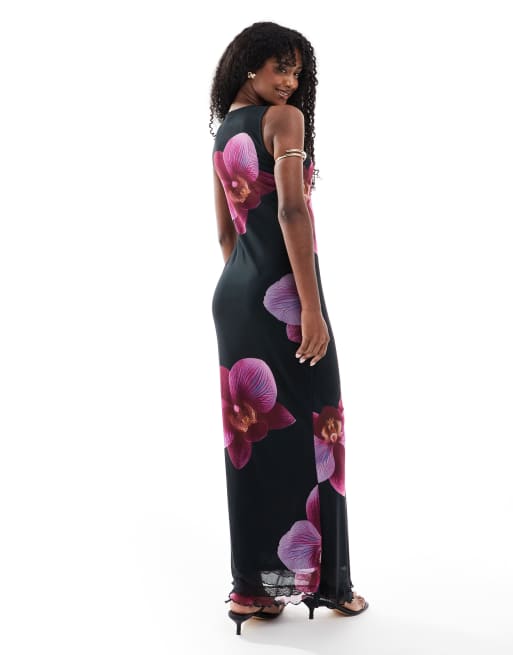 Vero Moda large scale floral sleeveless maxi dress in black orchid