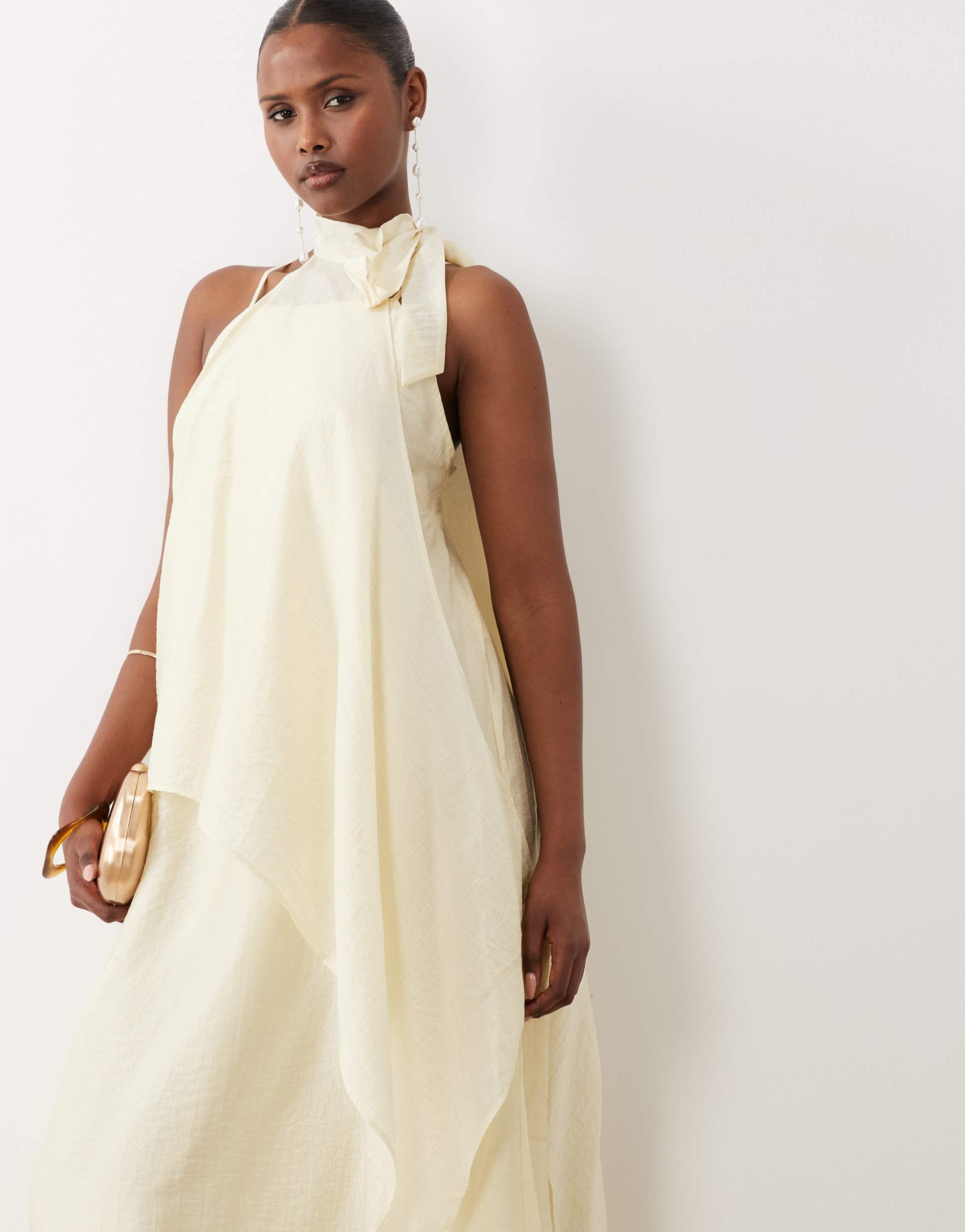 vero moda layered chiffon halter maxi dress in pale yellow