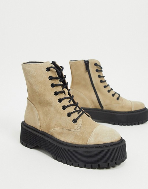 Vero Moda leather chunky sole lace up boots in tan