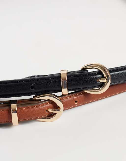 Vero Moda leather look 2 pack belted in black and brown, 2 of 3