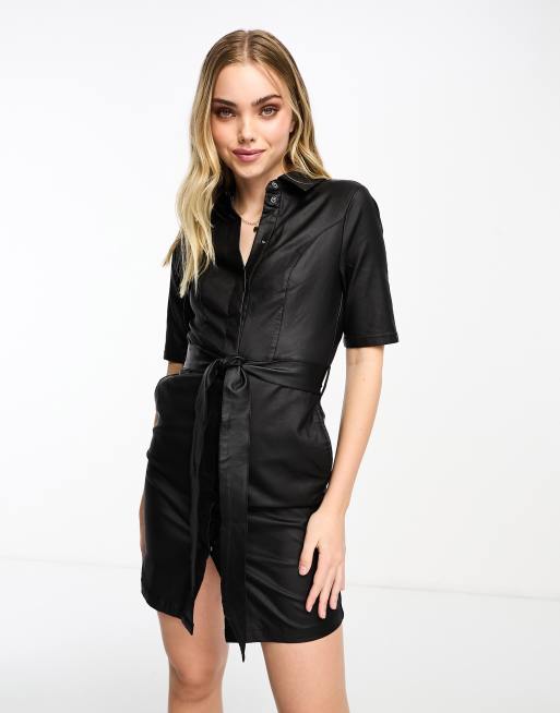Vero Moda leather look belted mini dress in black 