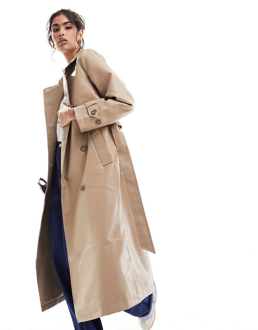 Vero Moda Leather Look Belted Trench Coat In Stone-neutral