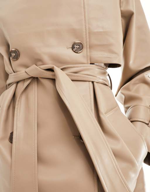 Vero Moda leather look belted trench coat in stone, 3 of 4