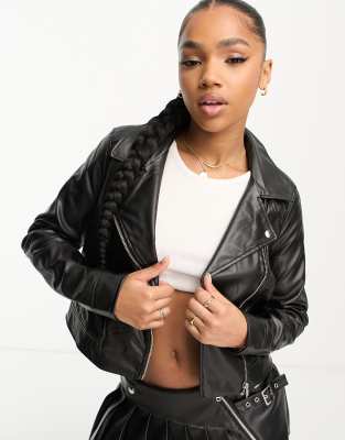 leather look biker jacket in black