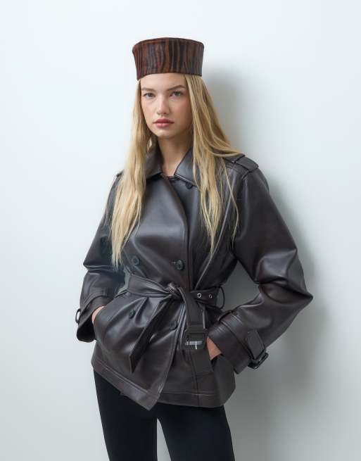 Vero Moda leather look jacket with waist belt in chocolate brown, 4 of 4