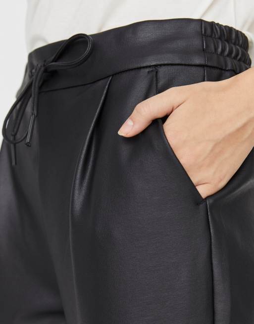 Vero Moda leather look joggers with tie waist in black, 2 of 4