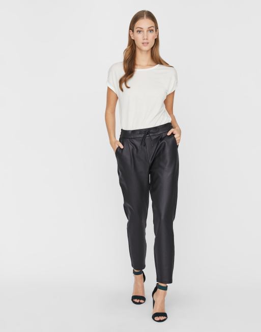 Vero Moda leather look joggers with tie waist in black ASOS