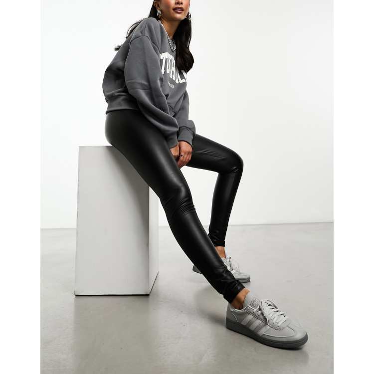 ASOS DESIGN leather look fold over moto legging in black