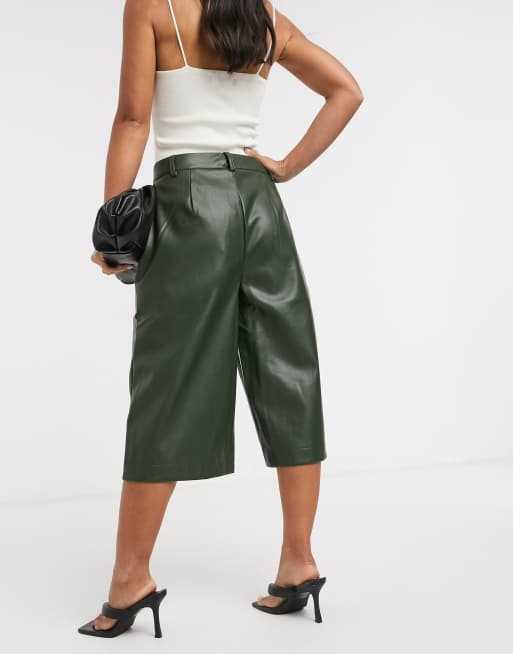 Vero Moda leather look longline shorts in khaki