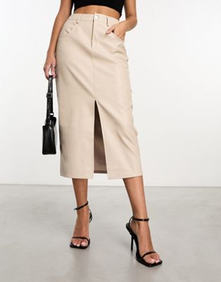 Vero moda leather look midi skirt in stone