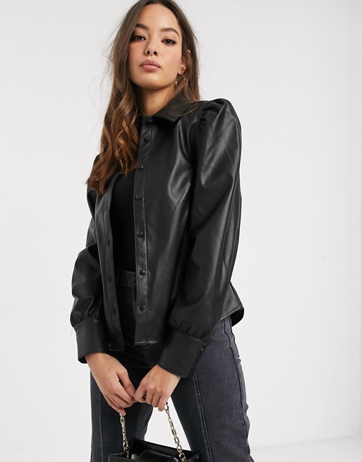 Vero Moda leather look shirt with puff sleeve in black