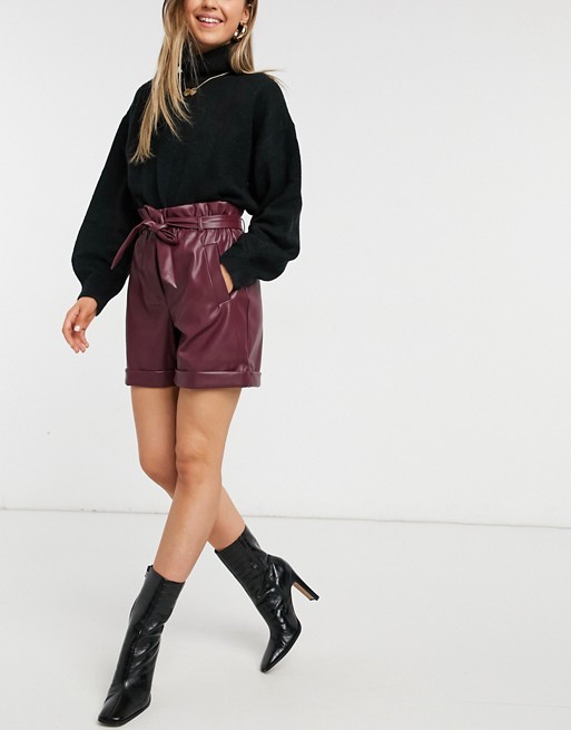 Vero Moda leather look shorts with paperbag waist in burgundy