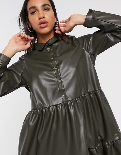 Vero Moda leather look smock dress with tiered skirt in khaki