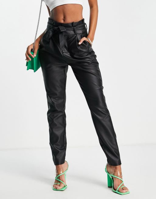 Vero Moda leather look trouser with paperbag waist in black