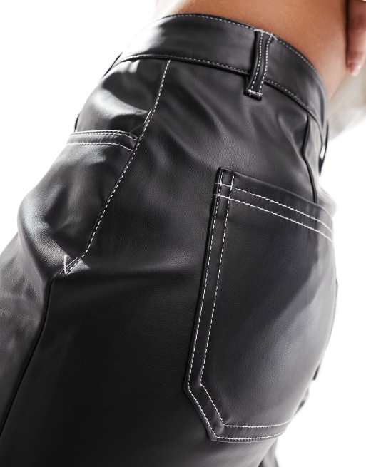 Vero Moda leather look wide leg dad trouser in black with contrast