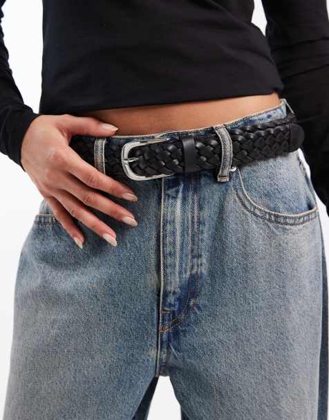 Vero Moda leather plait detail belt with silver buckle in black - view 1