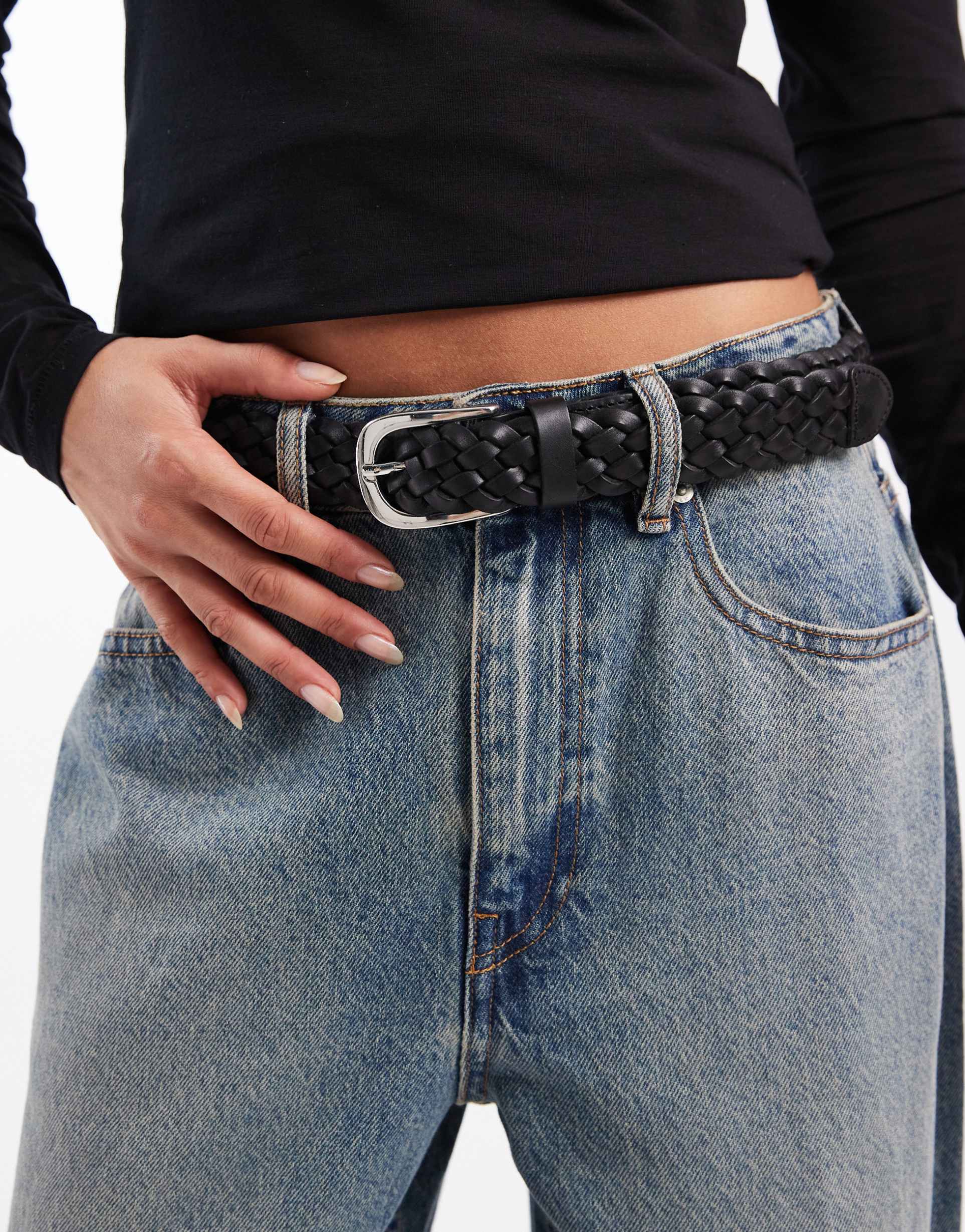 vero moda leather plait detail belt with silver buckle in black